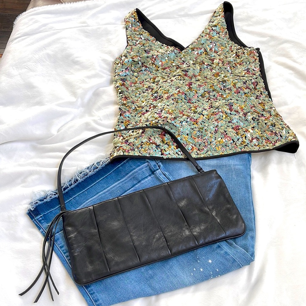 BCBG black leather clutch